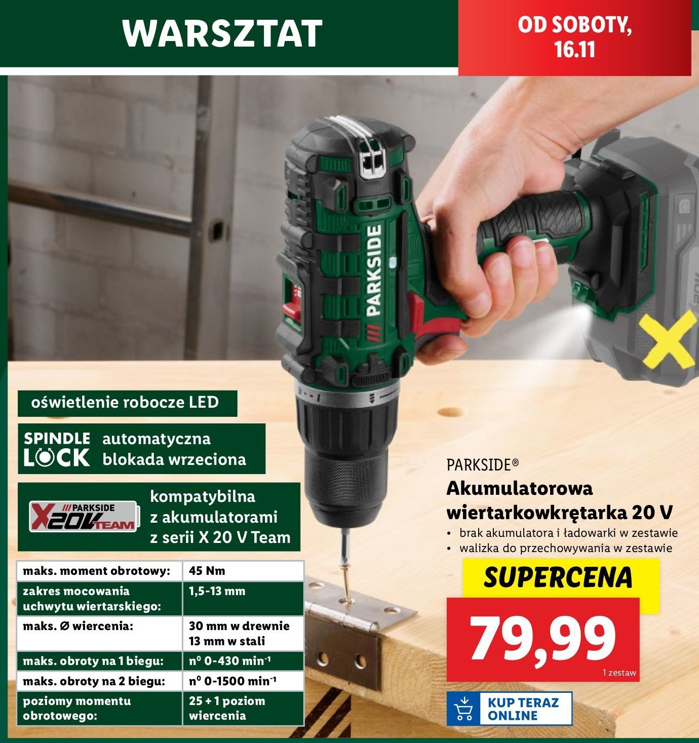 Wiertarko-wkrętarka akumulatorowa 20V Parkside (Lidl) promocja