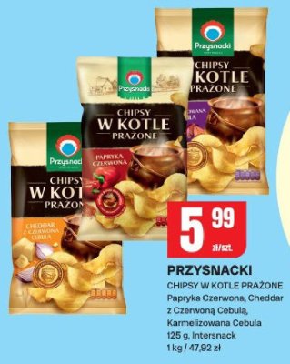 Chipsy Przysnacki w kotle prażone Papryka Czerwona, Cheddar z Czerwoną Cebulą, Karmelizowana Cebula promocja w Chorten