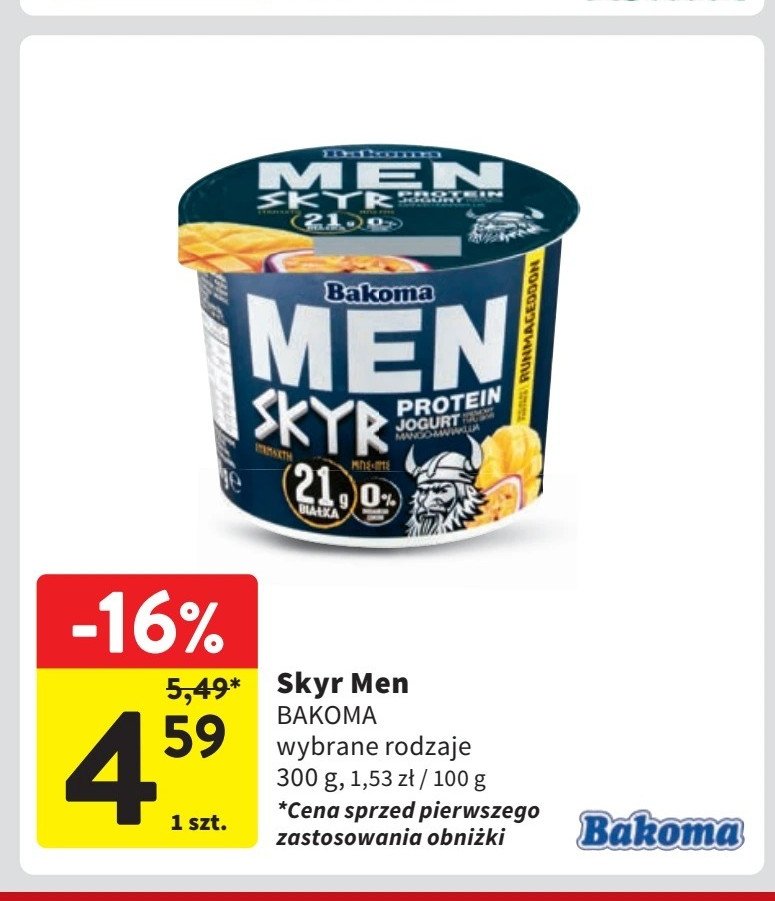 Jogurt mango-marakuja Bakoma men skyr protein promocja w Intermarche