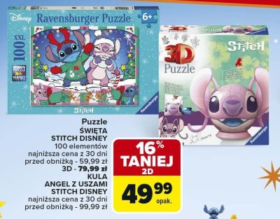 Puzzle ŚWIĘTA STITCH DISNEY 100 elementów RAVENSBURGER 3D - 79,99 zł KULA ANGEL Z USZAMI STITCH DISNEY promocja w Carrefour