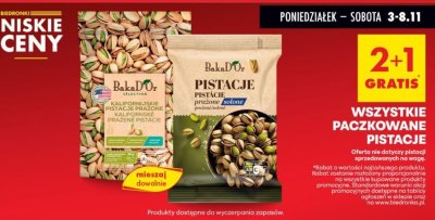 Wszystkie paczkowane Pistacje 2+1 gratis promocja w Biedronka