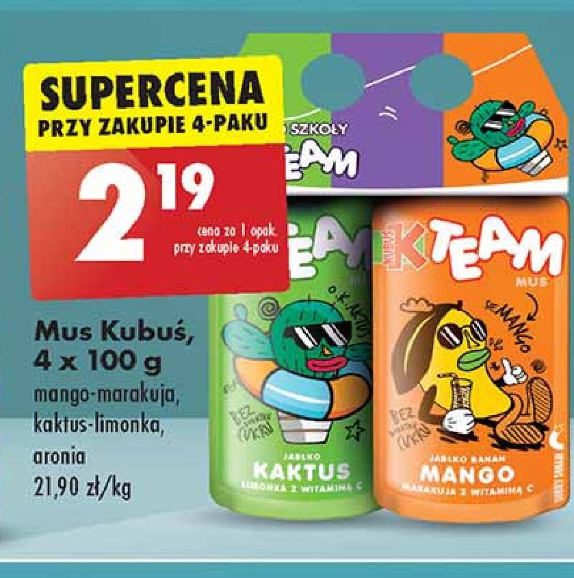 Mus mango-marakuja + kaktus-limonka + aronia Kubu艣 team promocja