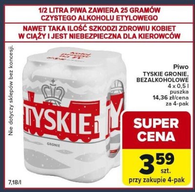 Piwo Tyskie Gronie bezalkoholowe 4 x 0,5l puszka promocja w Globi