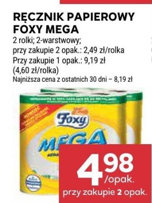 Ręcznik papierowy Foxy Mega 2 rolki, 2-warstwowy, przy zakupie 2 opak.: 2,49 zł/rolka. Przy zakupie 1 opak.: 9,19 zł (4,60 zł/rolka) promocja w Stokrotka