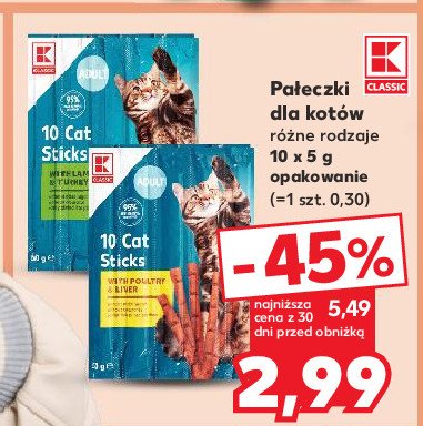 Pałeczki dla kota drób i wątróbka K-classic promocja w Kaufland