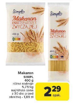 Makaron z pszenicy zwyczajnej spaghetti Simpl promocja w Carrefour