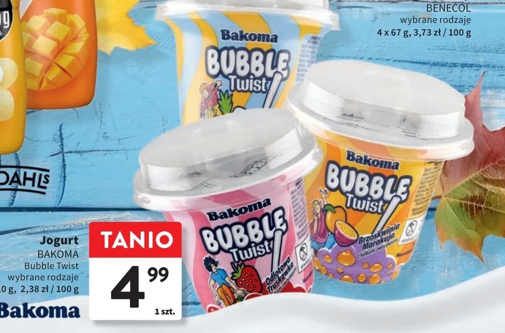 Jogurt truskawka Bakoma bubble twist promocja w Intermarche