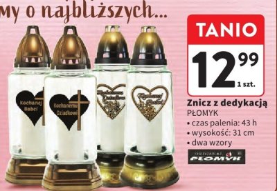 Znicz z dedykacją PŁOMYK, czas palenia: 43 h, wysokość: 31 cm, dwa wzory promocja w Intermarche