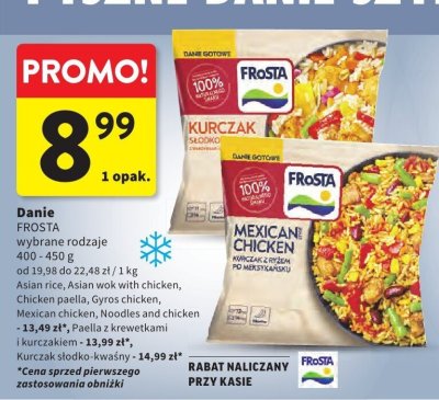 Danie FROSTA wybrane rodzaje Asian wok with chicken, Chicken paella, Gyros chicken, Mexican chicken, Noodles and chicken promocja w Intermarche