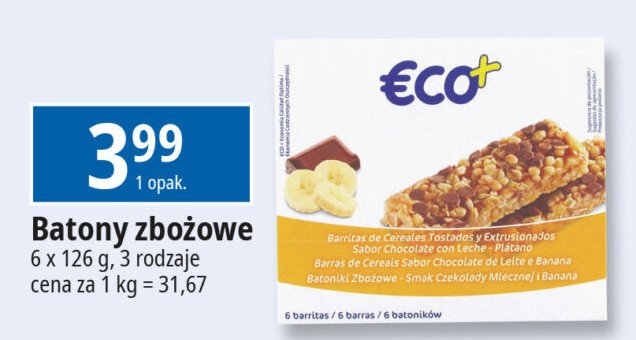 Batonik zbożowy z kawałkami czekolady mlecznej i bananami Eco+ promocja w Leclerc