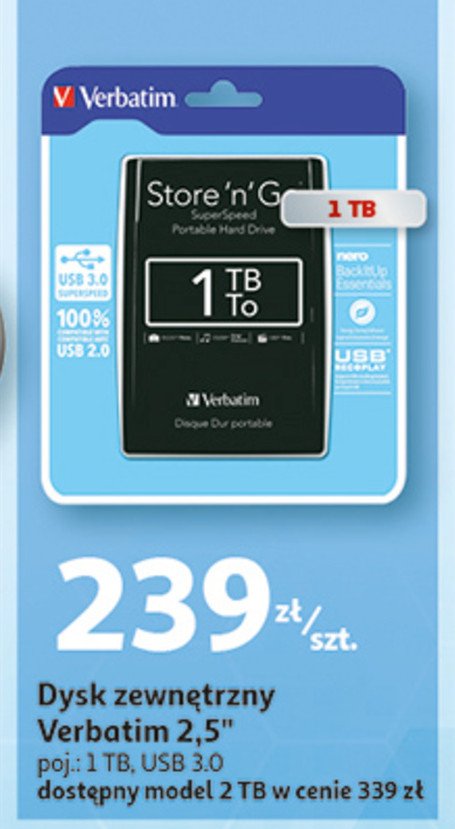 Dysk zewn臋trzny 1tb 2.5'' 53194 VERBATIM STORE'N'GO promocja