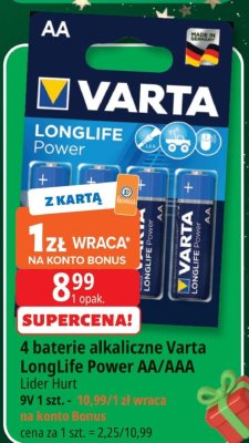 Baterie alkaliczne Varta LongLife Power AA/AAA promocja w Leclerc