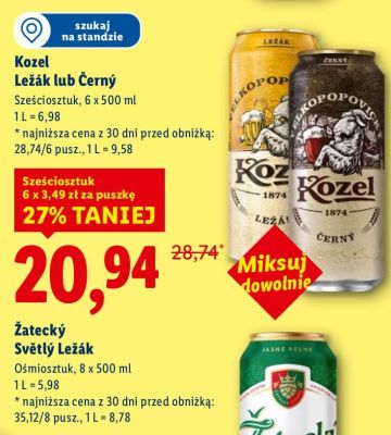 Piwo Kozel Leżak lub Černý promocja w Lidl