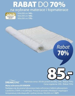 Mata ochronna EFJORDEN Nadająca się do prania luksusowa mata ochronna z lekkim pikowanlem z poliestru (100% z recyklingu). Poszycle posiada chłodzące i regulujące temperaturę mikrokapsułki i jednej strony. 90x200 cm 1 SZT. promocja w Jysk