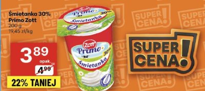 Śmietanka 30% Primo Zott promocja w Delikatesy Centrum