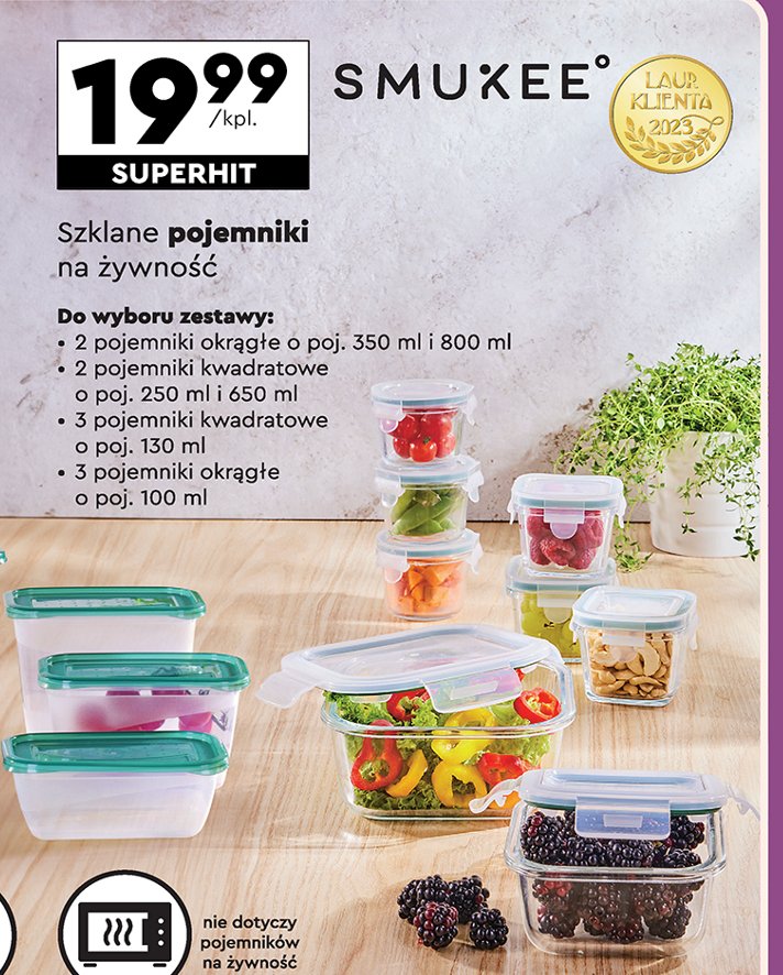 Pojemniki szklane na żywność okrągłe 350 ml + 800 ml Smukee promocja