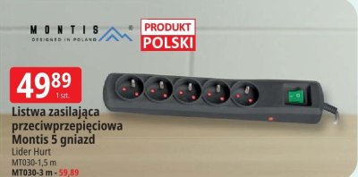 Listwa zasilająca przeciwprzepięciowa Montis 5 gniazd promocja w Leclerc