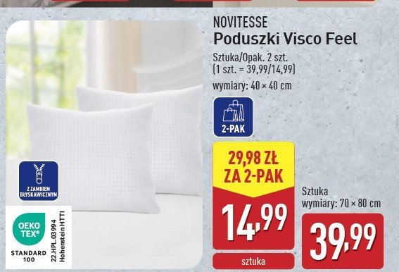 Poduszki visco feel 70 x 80 cm Novitesse promocja w Aldi