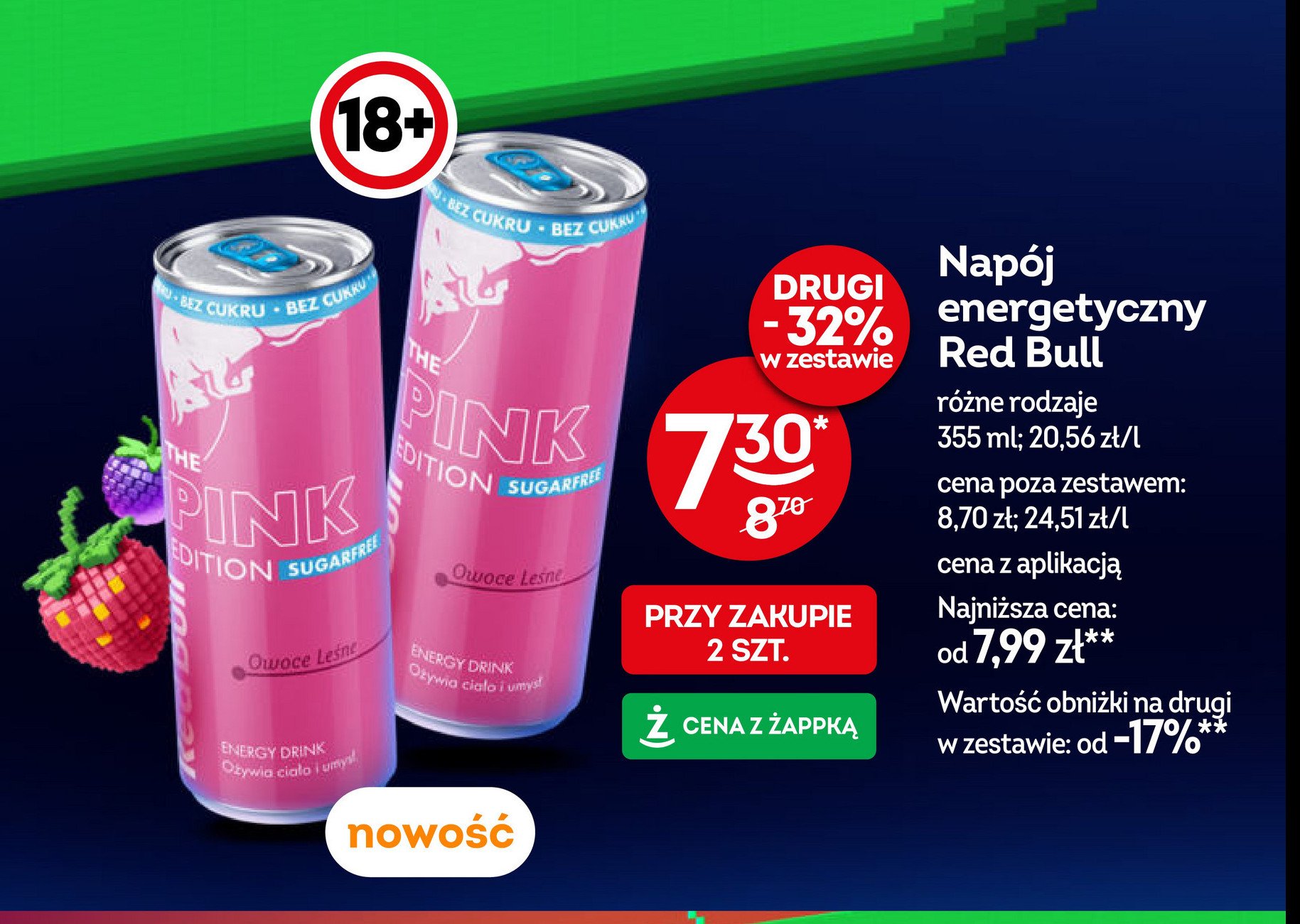 Napój energetyczny owoce leśne Red bull pink promocja w Żabka