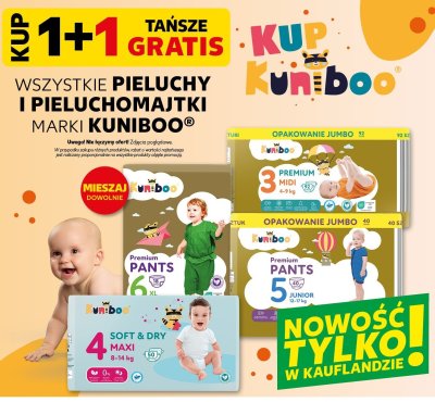 Pieluchy Kuniboo Premium Pants 5 Junior opakowanie jumbo 12-17 kg 1+1 gratis promocja w Kaufland