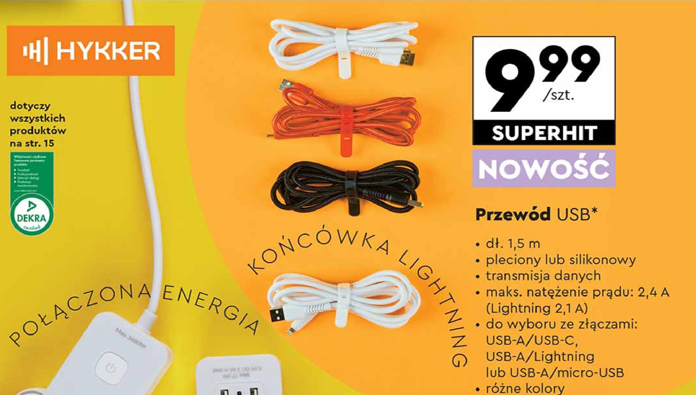 Przewód usb silikonowy usb-a/lightning 1.5 cm Hykker promocja