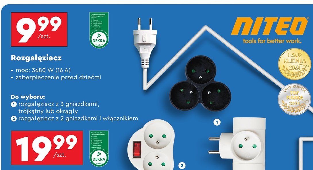 Rozgałęziacz okrągły z 3 gniazdkami Niteo tools promocja w Biedronka