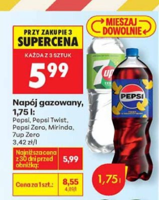 Napój gazowany Pepsi 1,75l Pepsi, Pepsi Twist, Pepsi Zero, Mirinda, 7up Zero promocja w Biedronka