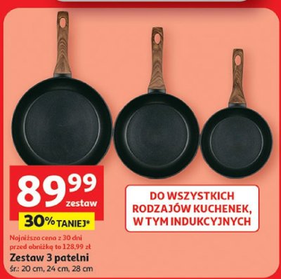 Zestaw 3 patelni, różne rodzaje kuchenek, w tym indukcyjnych promocja w Auchan