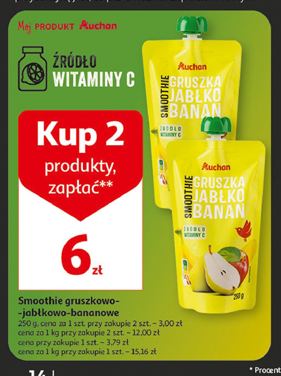 Smoothie gruszka-jabłko-banan Auchan różnorodne (logo czerwone) promocja
