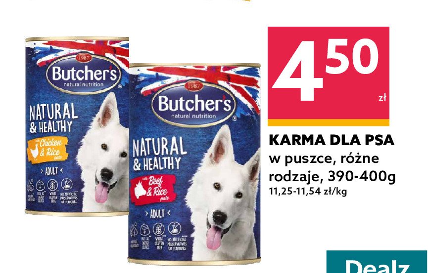 Karma dla psa z kurczakiem szynką ryżem Butcher's natural & healthy promocja