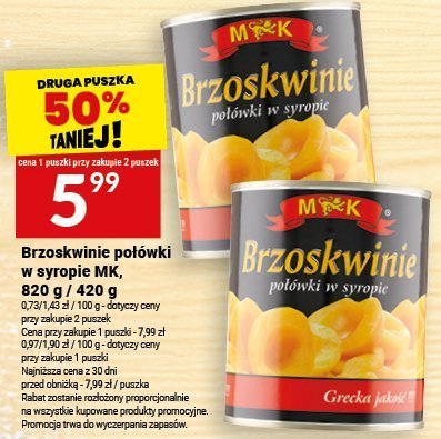 Brzoskwinie połówki w syropie MK, 820 g / 420 g promocja w Twój Market