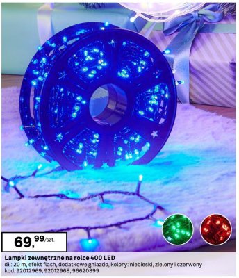 Lampki zewnętrzne na rolce 400 LED śr. 20 m, efekt flash, dodatkowe gniazdo, kolory: niebieski, zielony i czerwony promocja w Leroy Merlin