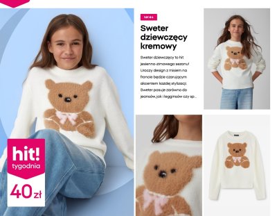 Sweter dziewczęcy kremowy z misiem Pepco promocja