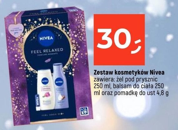 Zestaw w pudełku feel relaxed: żel pod prysznic 250 ml + balsam do ciała 250 ml + pomadka do ust 4.8 g Nivea zestaw promocja w Dealz