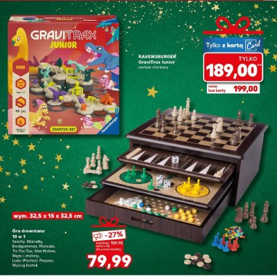 Gra drewniana 10 w 1 Szachy, Warcaby, Backgammon, Mancala, Tic-Tac-Toe, Star Halma, Wężę i drabiny, Ludo (Pachisi), Pasjans, Wyścig kostek wym. 32,5 x 15 x 32,5 cm promocja w Kaufland