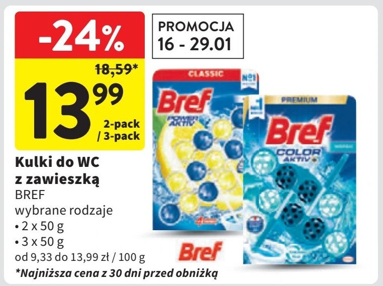 Kostka do wc chlorine Bref blue aktiv promocja w Intermarche