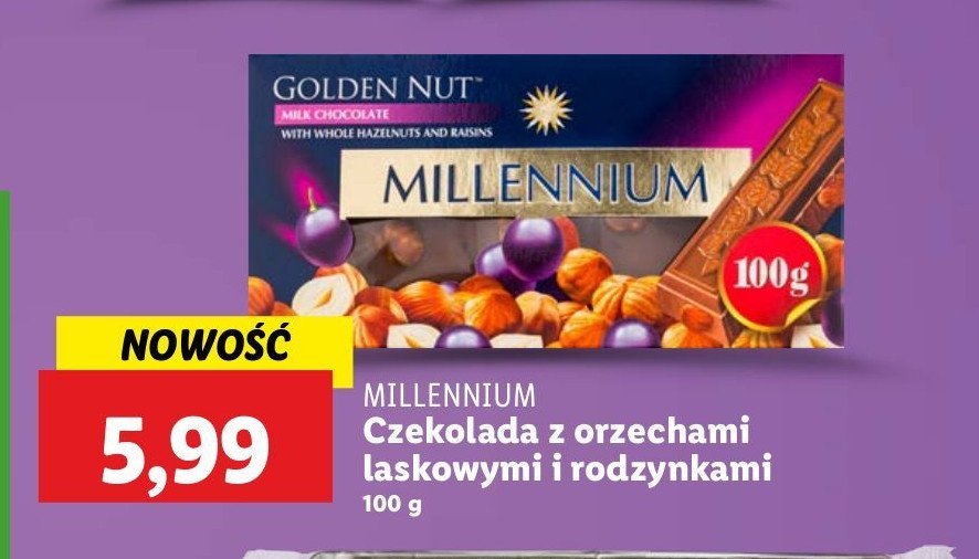 Czekolada golden nut milk chocolate z całymi orzechami i rodzynkami Millennium promocja w Lidl