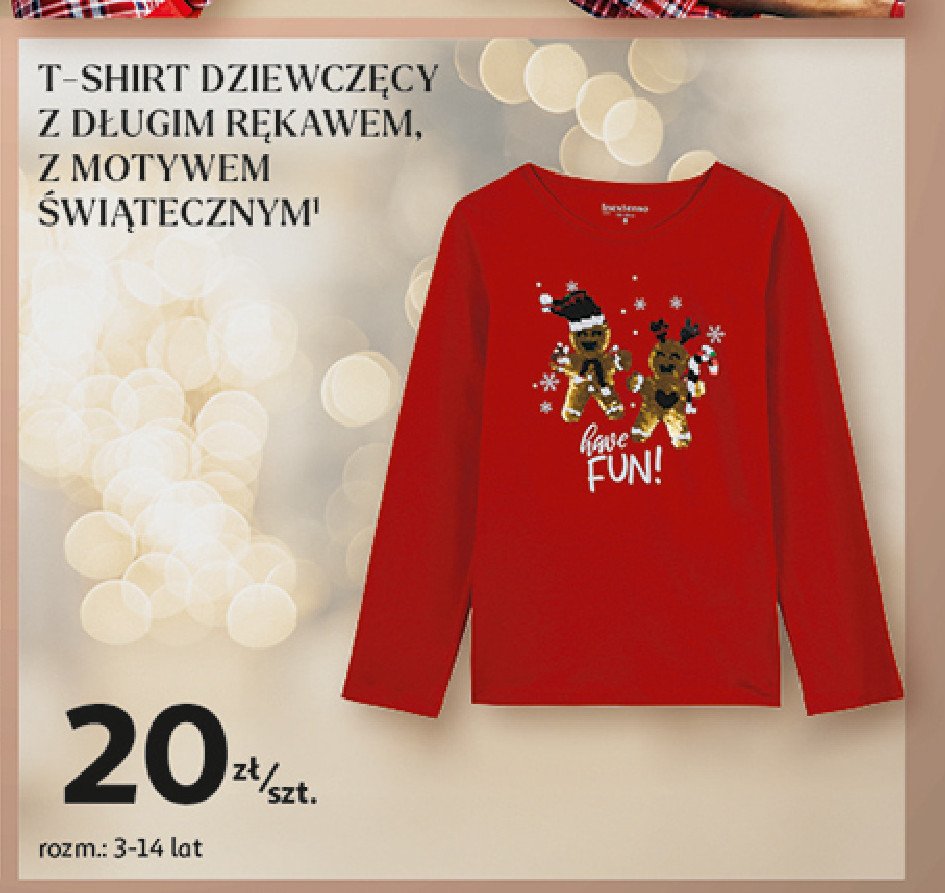 T-shirt dziewczęcy długi rękaw świąteczny 3-14 lat Auchan inextenso promocja