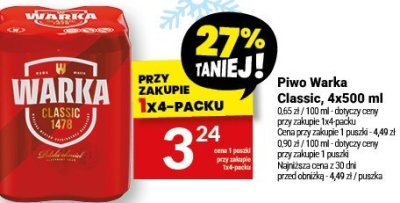 Piwo Warka Classic, 4x500 ml promocja w Twój Market