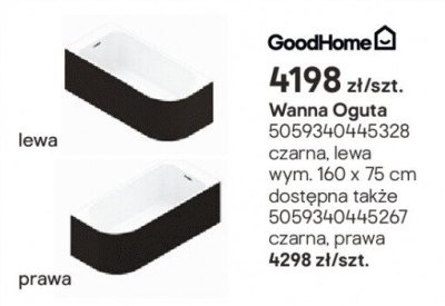 Wanna Oguta czarna prawa 160x75 cm promocja w Castorama