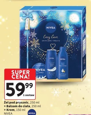 Zestaw kosmetyczny NIVEA Cozy Care żel pod prysznic 250 ml + balsam do ciała 250 ml + krem 150 ml promocja w Intermarche