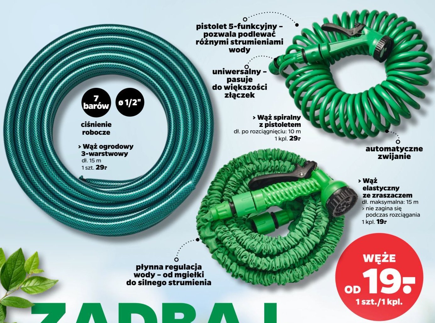 Wąż ogrodowy elastyczny 5-15 m + końcówka zraszająca promocja w Netto