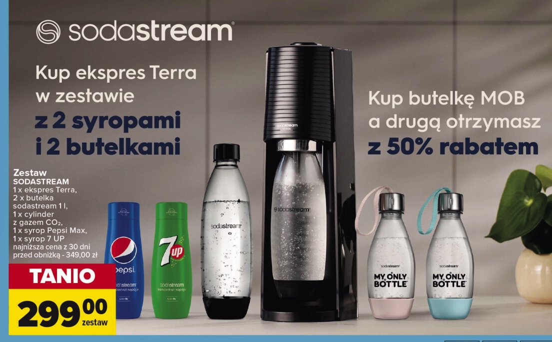 Zestaw: urządzenie terra black + 2x butelki 1l + 1 cylinder + syrop pepsi + syrop 7up Sodastream promocja