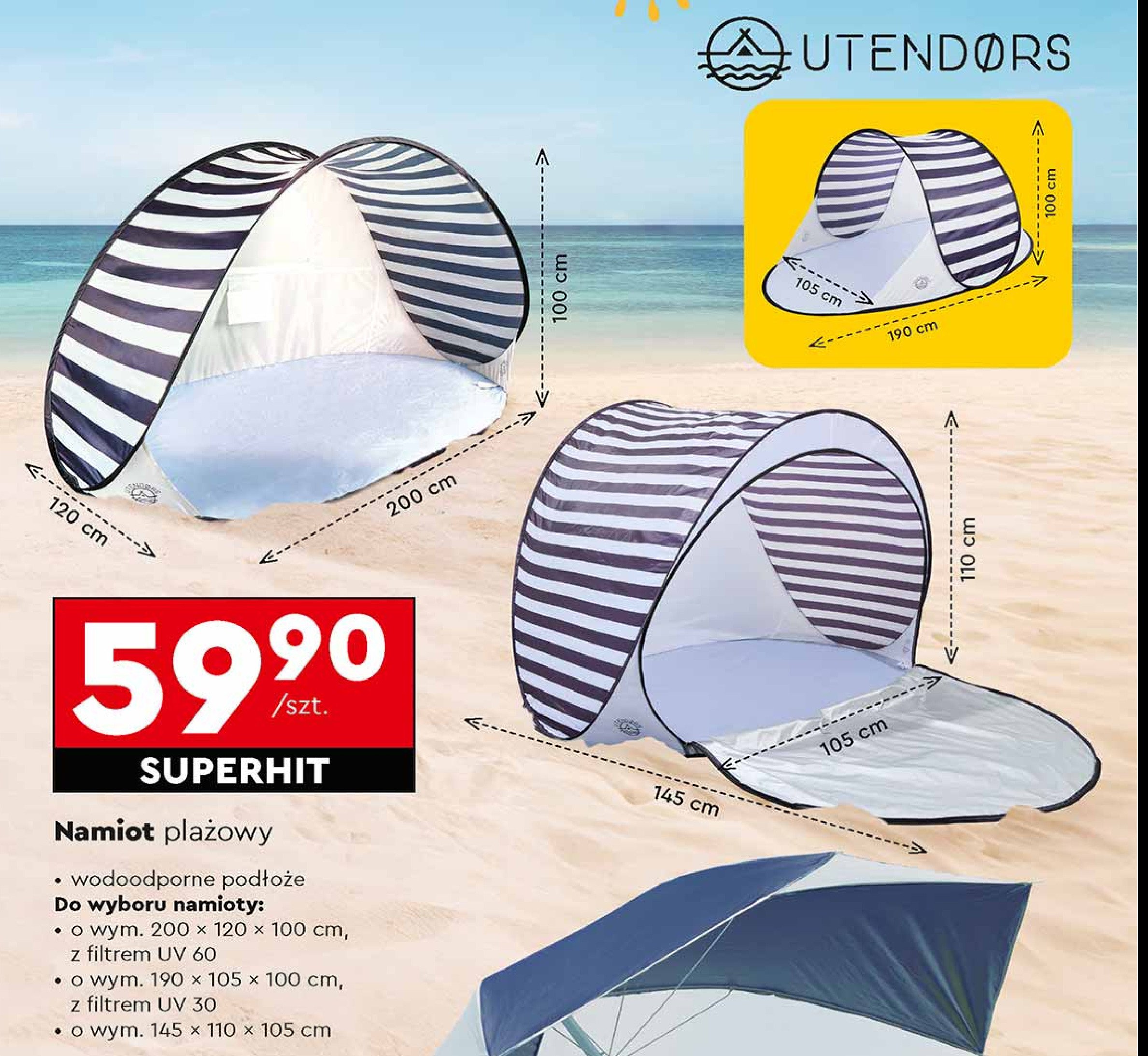 Namiot plażowy 190 x 105 x 100 uv30 Utendors promocja w Biedronka