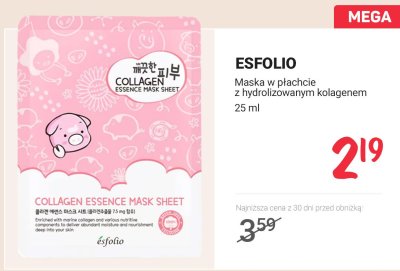 Maska w płachcie z hydrolizowanym kolagenem Esfolio Collagen Essence Mask Sheet promocja w Rossmann