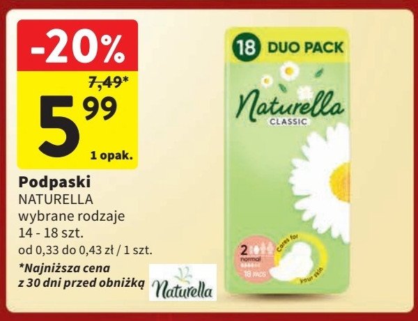 Podpaski higieniczne normal camomile Naturella classic promocja