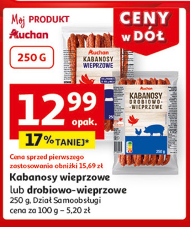 Kabanosy drobiowo-wieprzowe Auchan różnorodne (logo czerwone) promocja