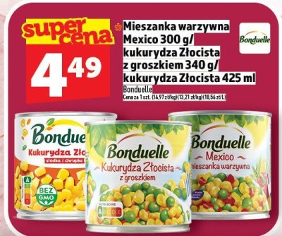 Mieszanka warzywna Mexico 300 g/ kukurydza Złocista z groszkiem 340 g/ kukurydza Złocista 425 ml Bonduelle promocja w TOPAZ