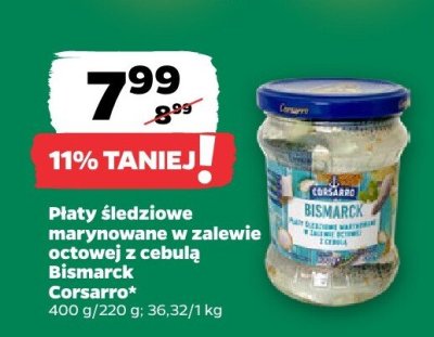 Płaty śledziowe marynowane w zalewie octowej z cebulą Bismarck Corsarro promocja w Netto