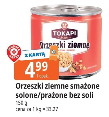 Orzeszki ziemne smażone solone/prażone bez soli Tokapi promocja w Leclerc